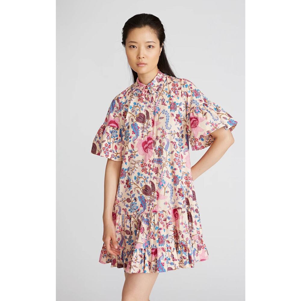 AMUR Kenna Tiered Ruffle Mini Dress Beige Jacobean Floral Size 4‎